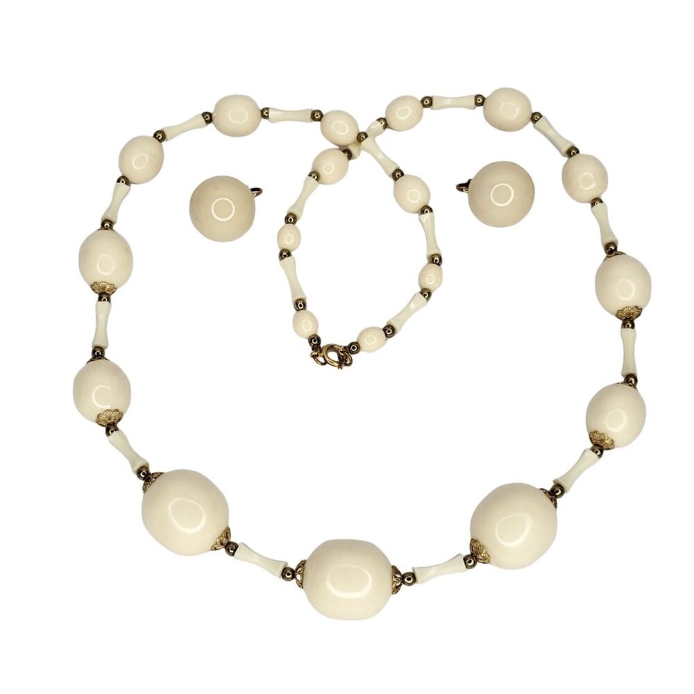 Vintage Beaded Necklace Earring Set Cream Gold Tone Filigree Bead Caps 30"